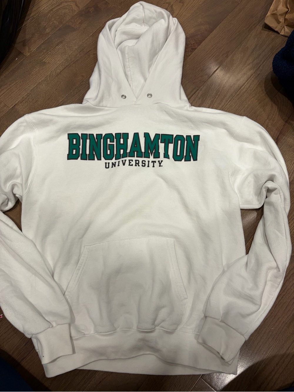 Champion White Hoodie with Blue & Red Logo